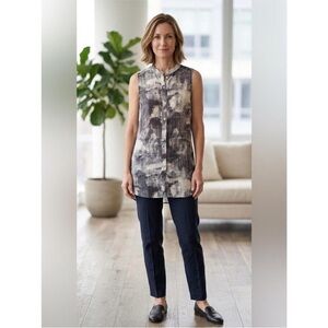 Eileen Fisher Ink Blot Silk Tunic Blouse Sleeveless Buttondown